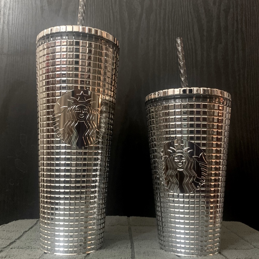 TWO Starbucks 2023 Holiday 24 & 16oz. Cold Tumbler Disco Silver Renaissance Cups